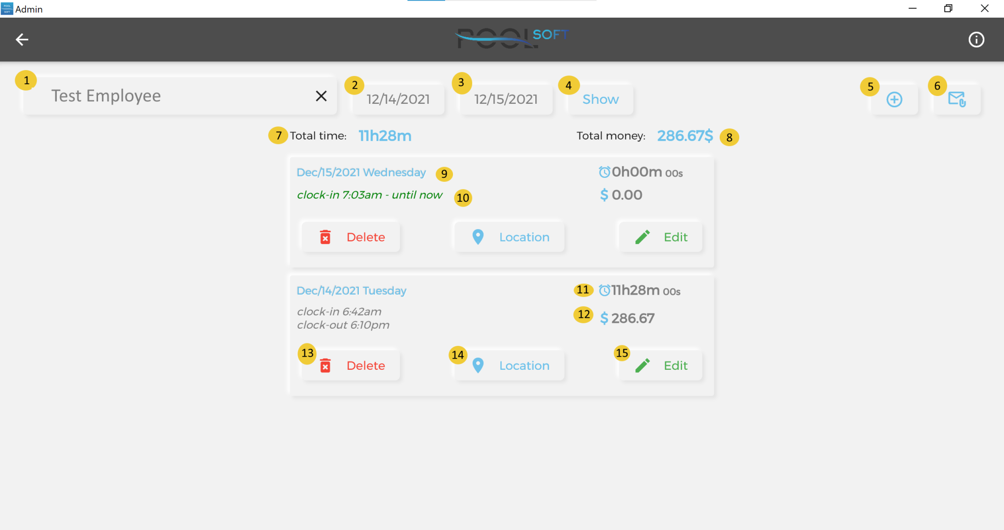 Admin App Individual clocks – Pool Soft
